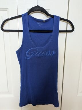 Y2K GUESS Blue Rhinestone Logo Tank Top Mcbling
